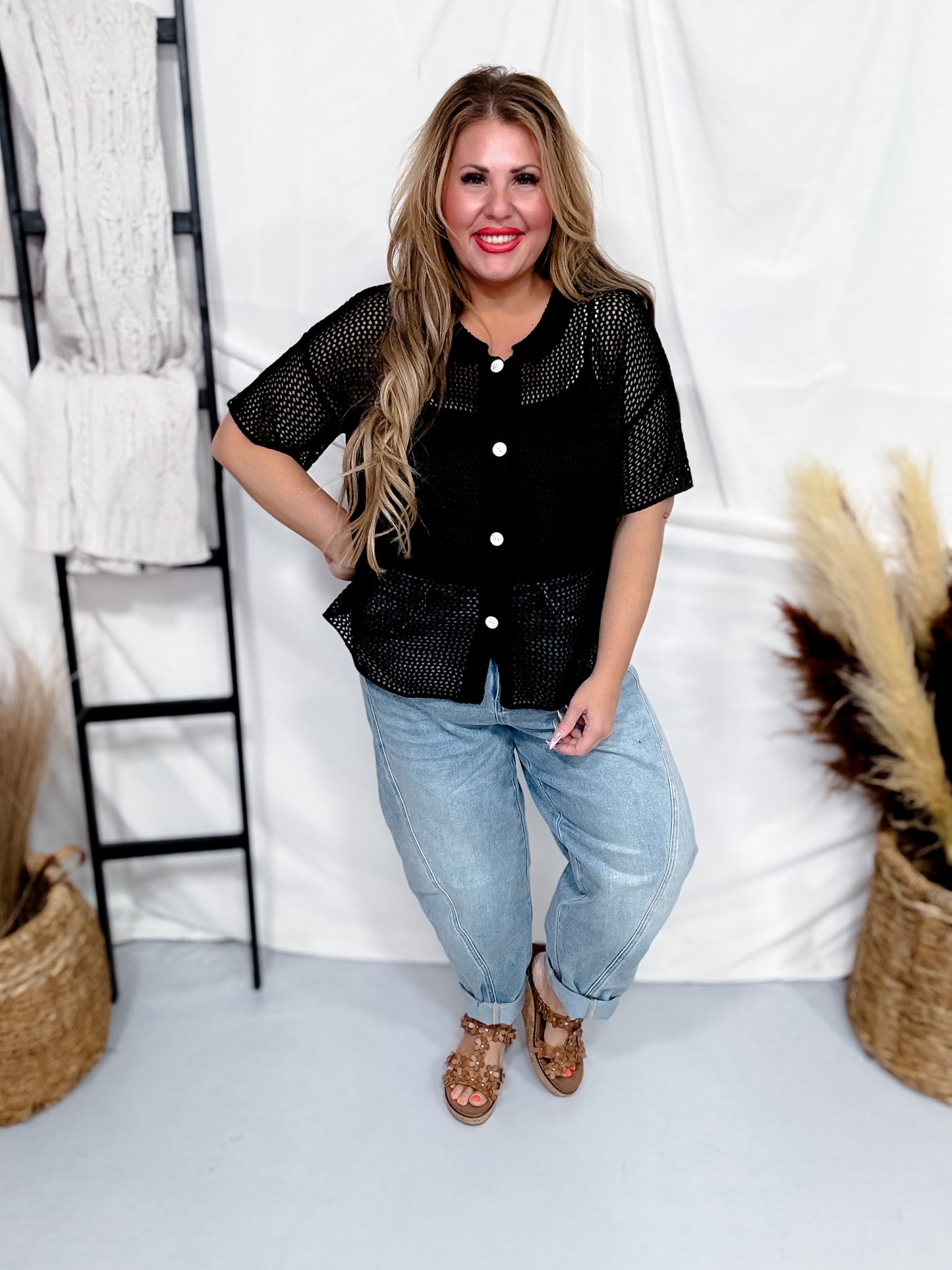 Black Crochet Button Front Top