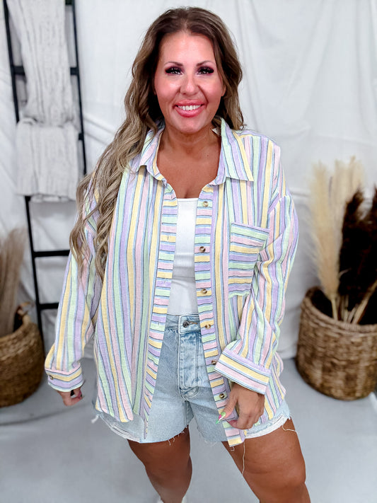 Colorful Striped Button Down Cotton Gauze Top