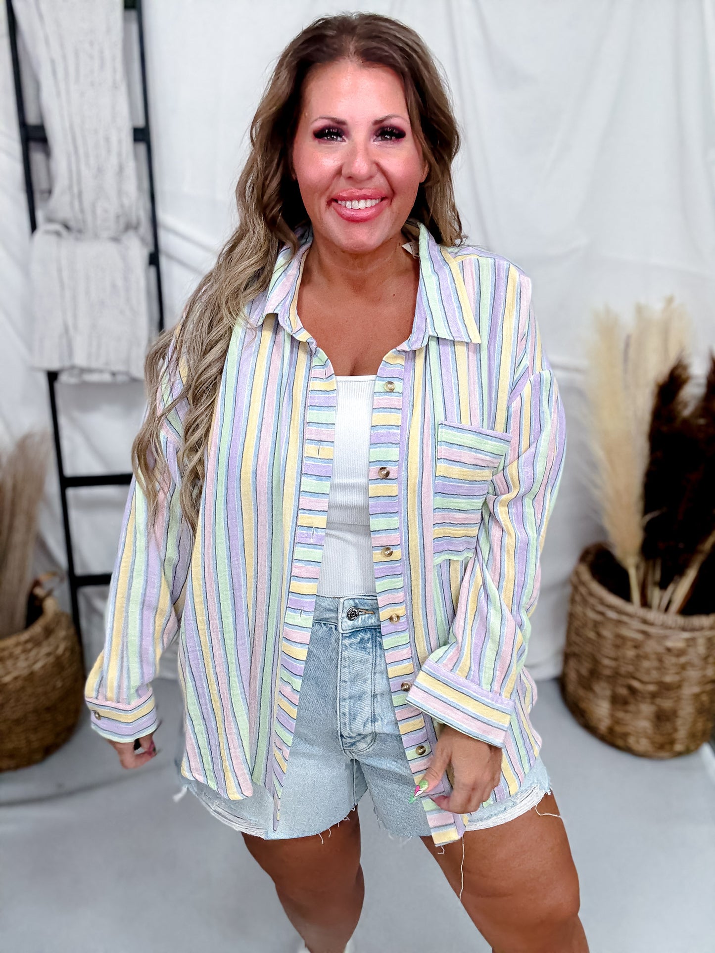 Colorful Striped Button Down Cotton Gauze Top