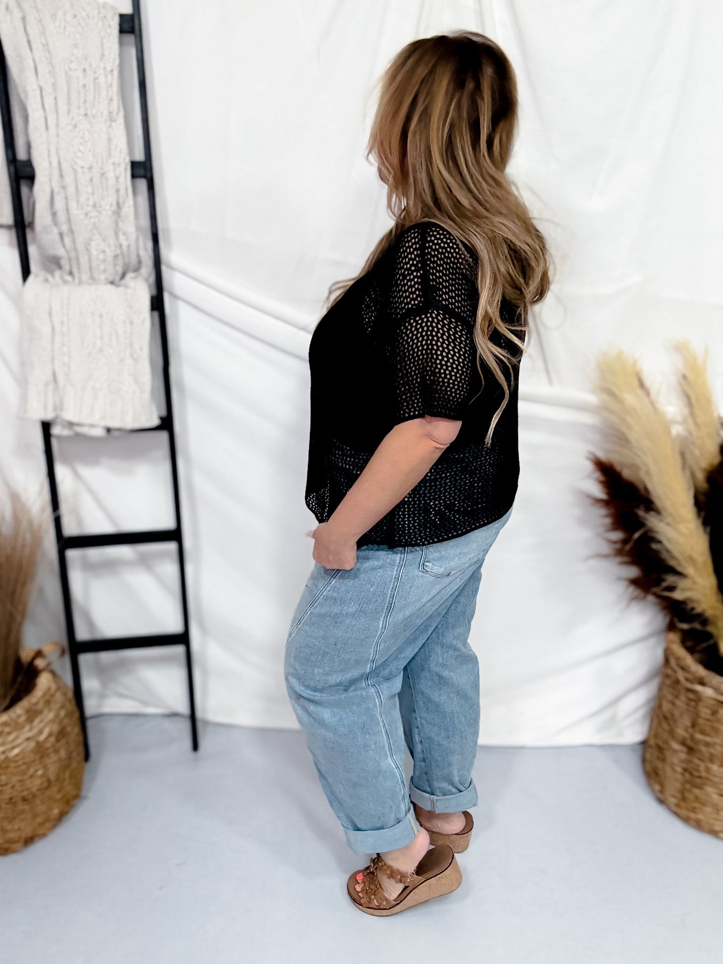 Black Crochet Button Front Top