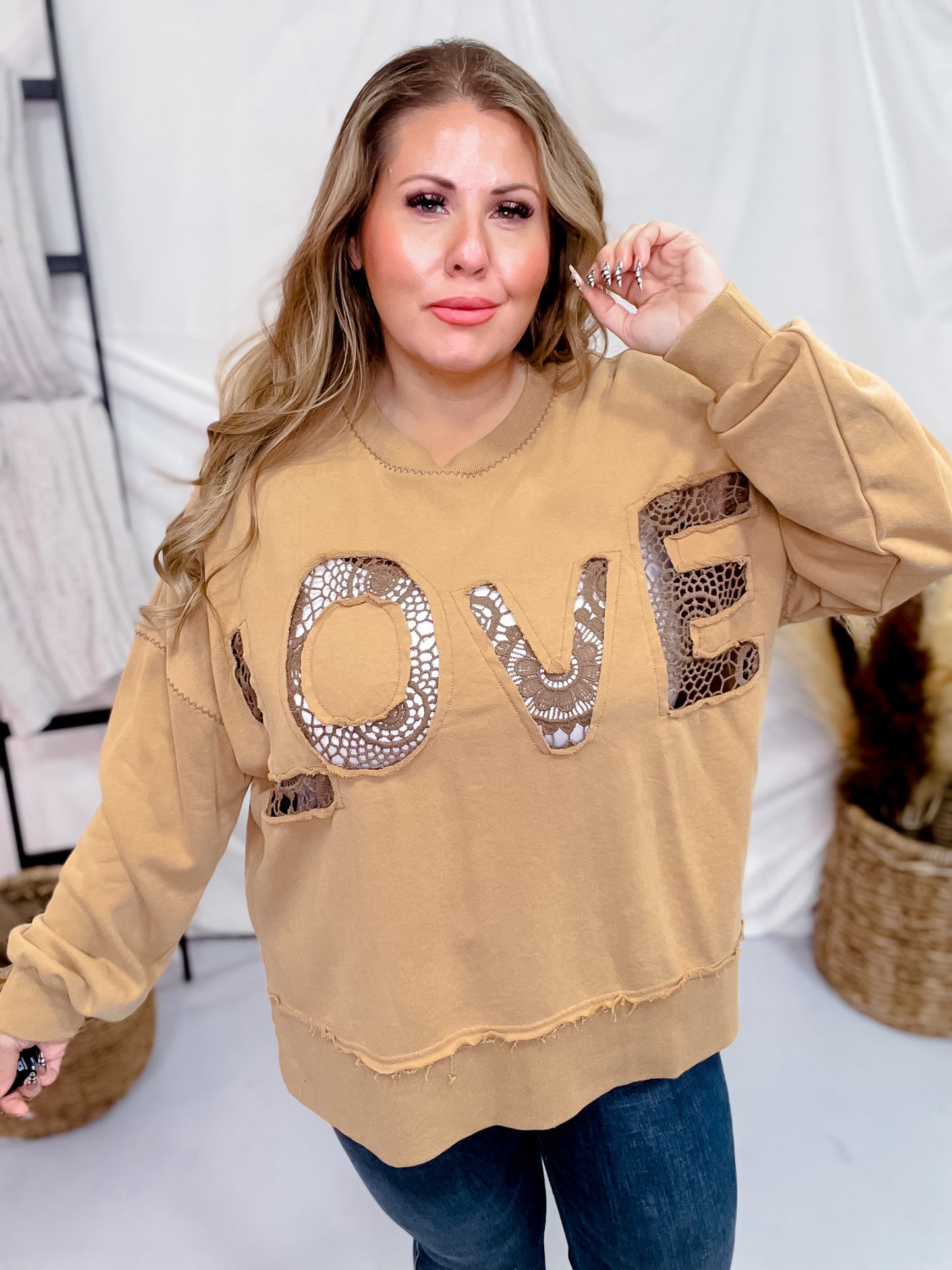 Camel Acid Washed Lace Love Sweatshirt