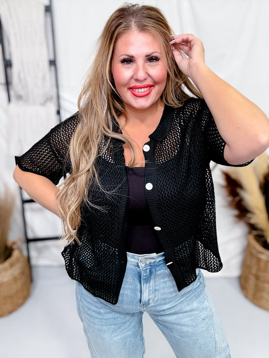 Black Crochet Button Front Top