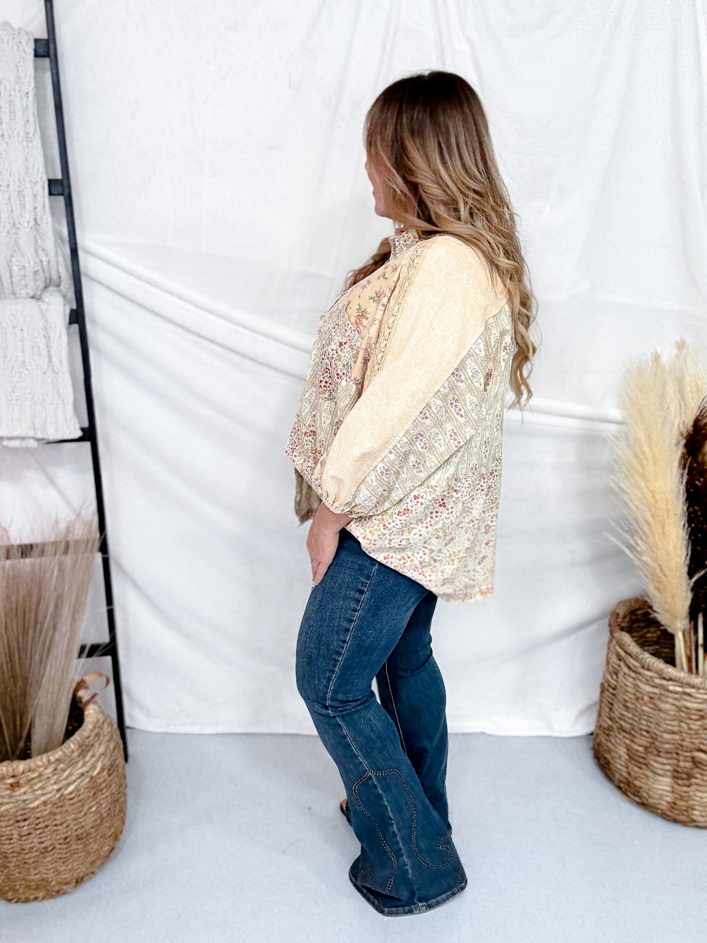 Mineral Washed Patchwork Floral Print Button Down Top In Straw