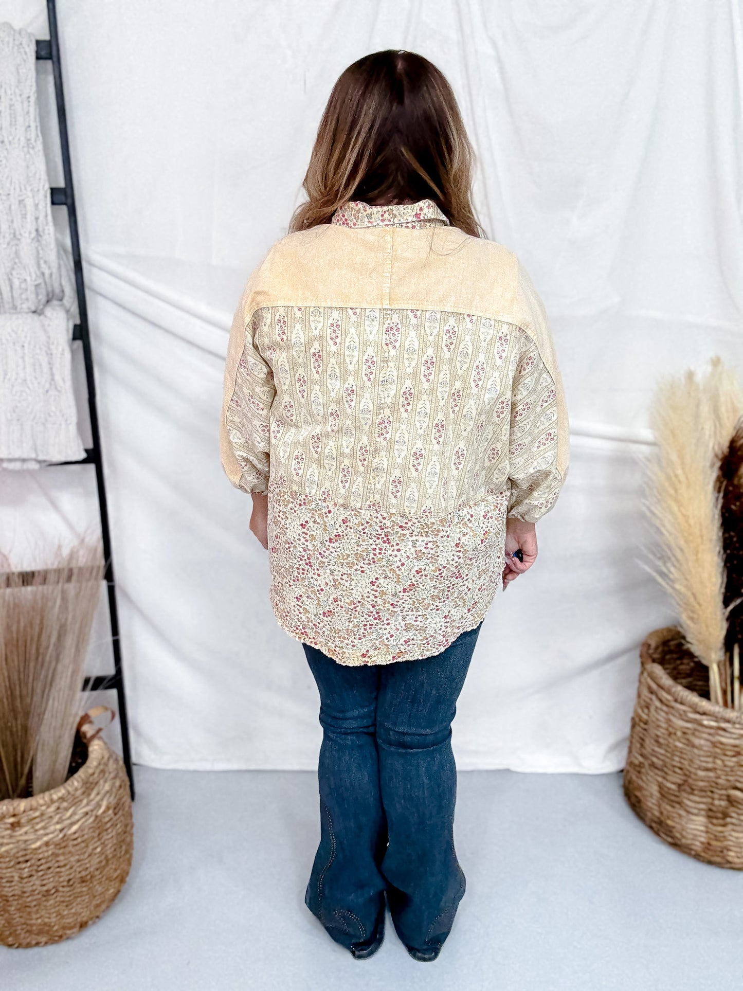 Mineral Washed Patchwork Floral Print Button Down Top In Straw