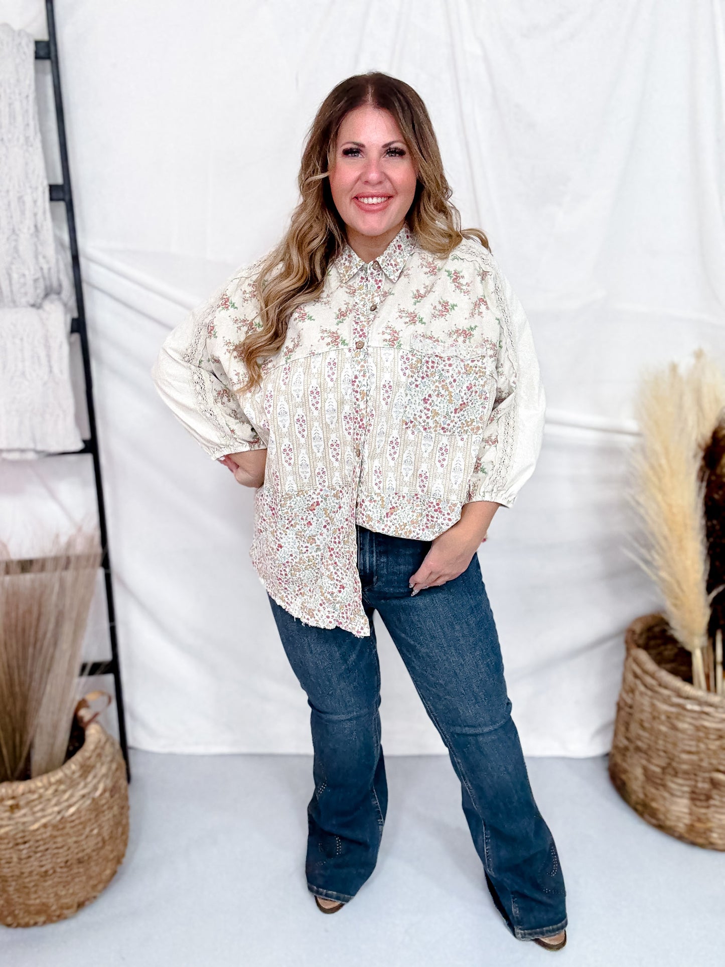 Mixed Floral Patchwork Button Down Shirt In Ecru