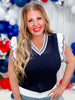 Navy Sweater Vest with White Striped Flutter Sleeves
