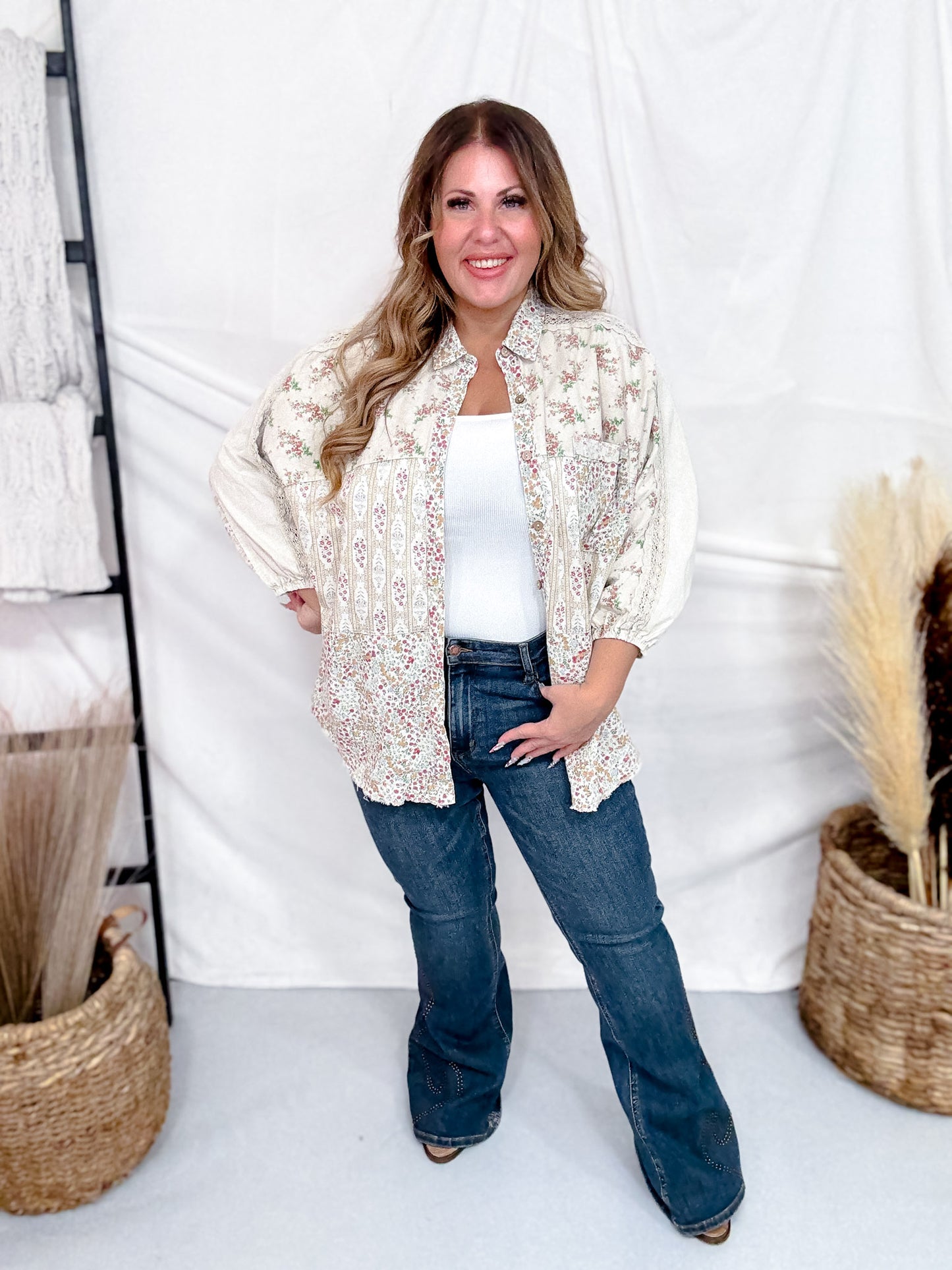 Mixed Floral Patchwork Button Down Shirt In Ecru