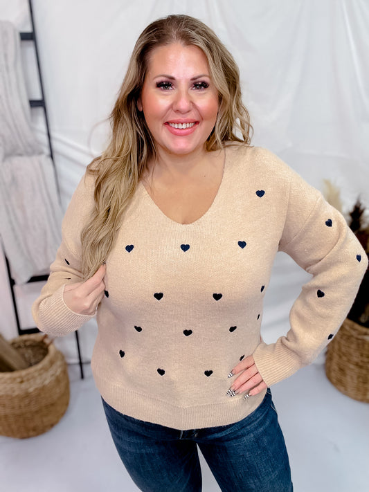 Taupe and Navy Sweater with Heart Embroidery