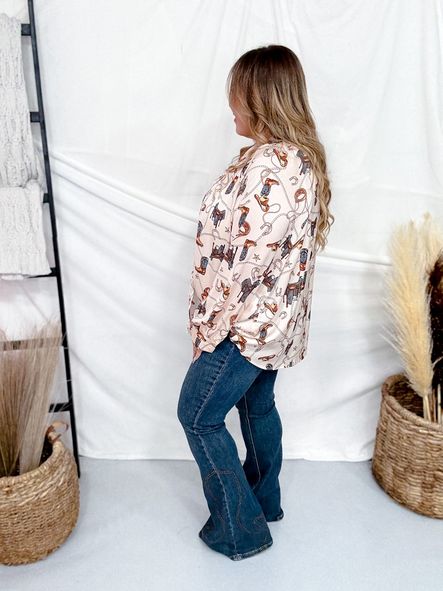Western Printed Button Down Satin Shirt