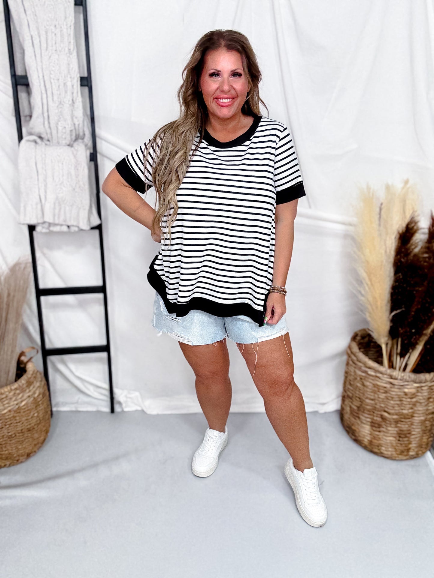 Black and White Striped Short Sleeve Top