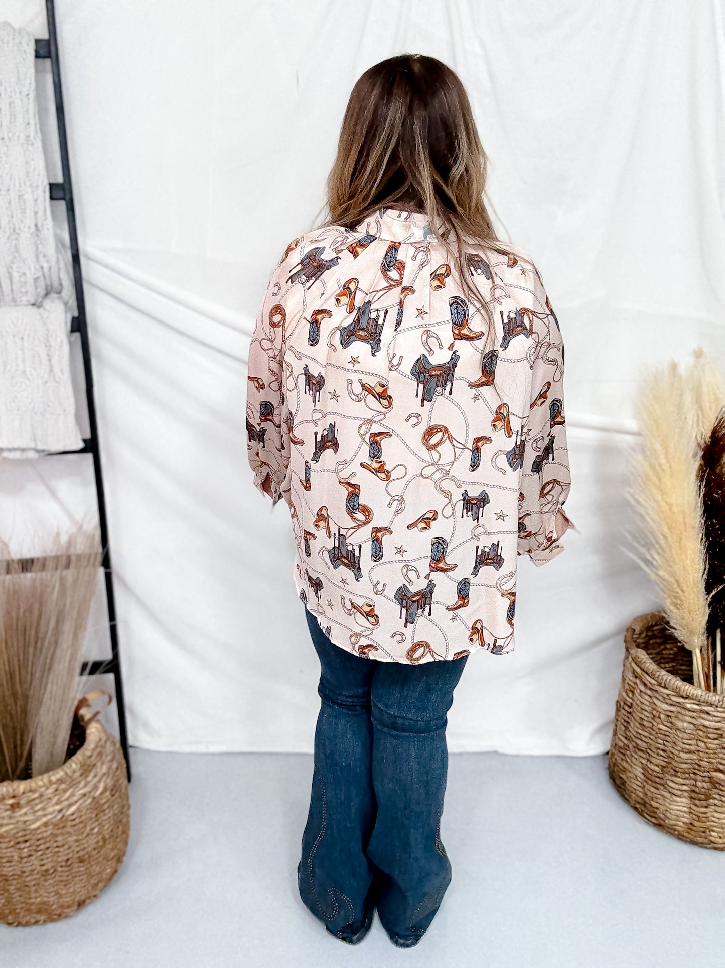 Western Printed Button Down Satin Shirt