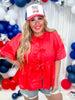 Red Poplin Front Tie Ribbon Peplum Blouse W/ Short Sleeves