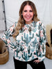 Floral Cactus Print Long Sleeve Mesh Top