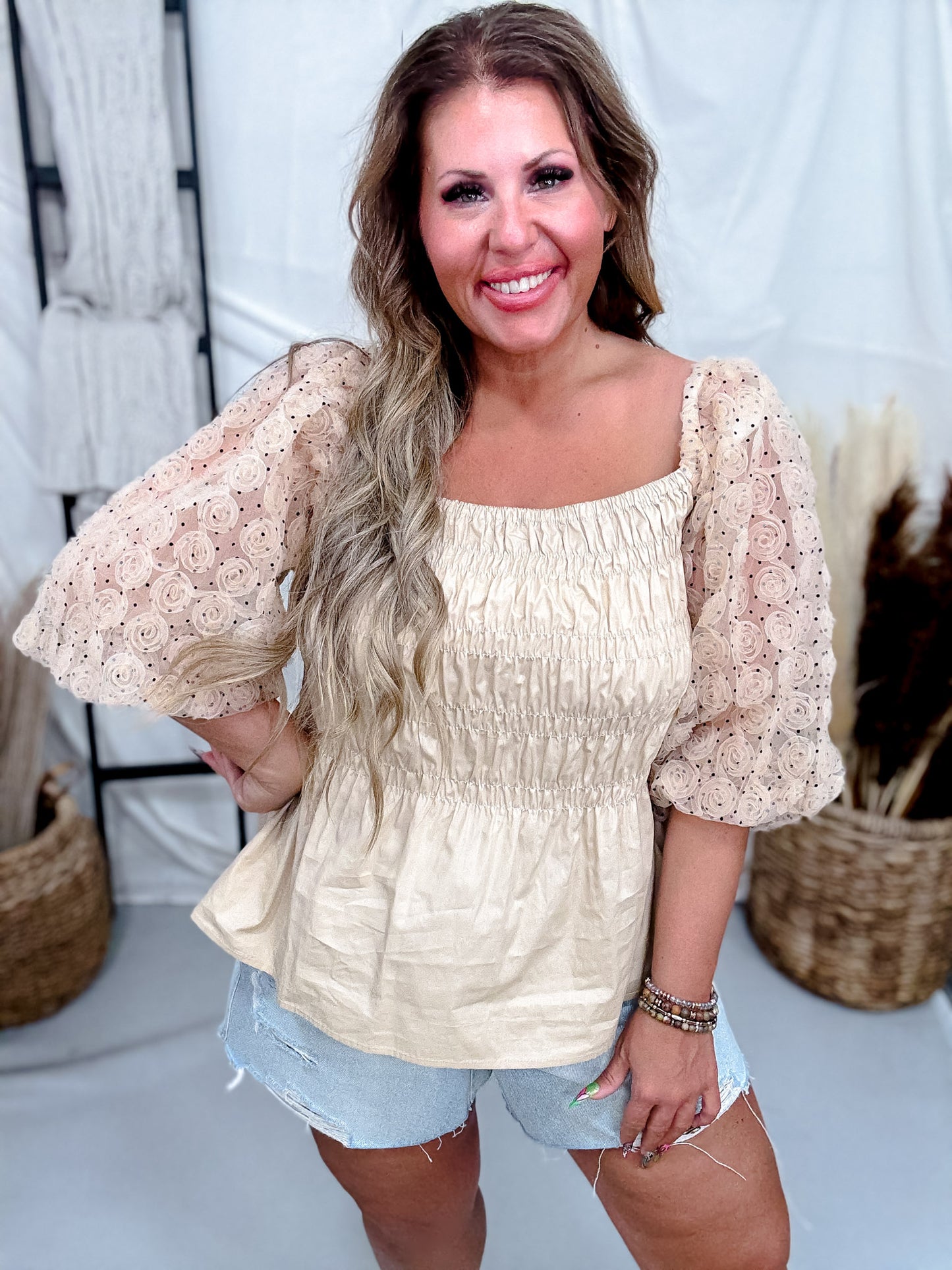 Sand Colored Polka Dot Poplin Smocked Blouse W/ Mesh Sleeves