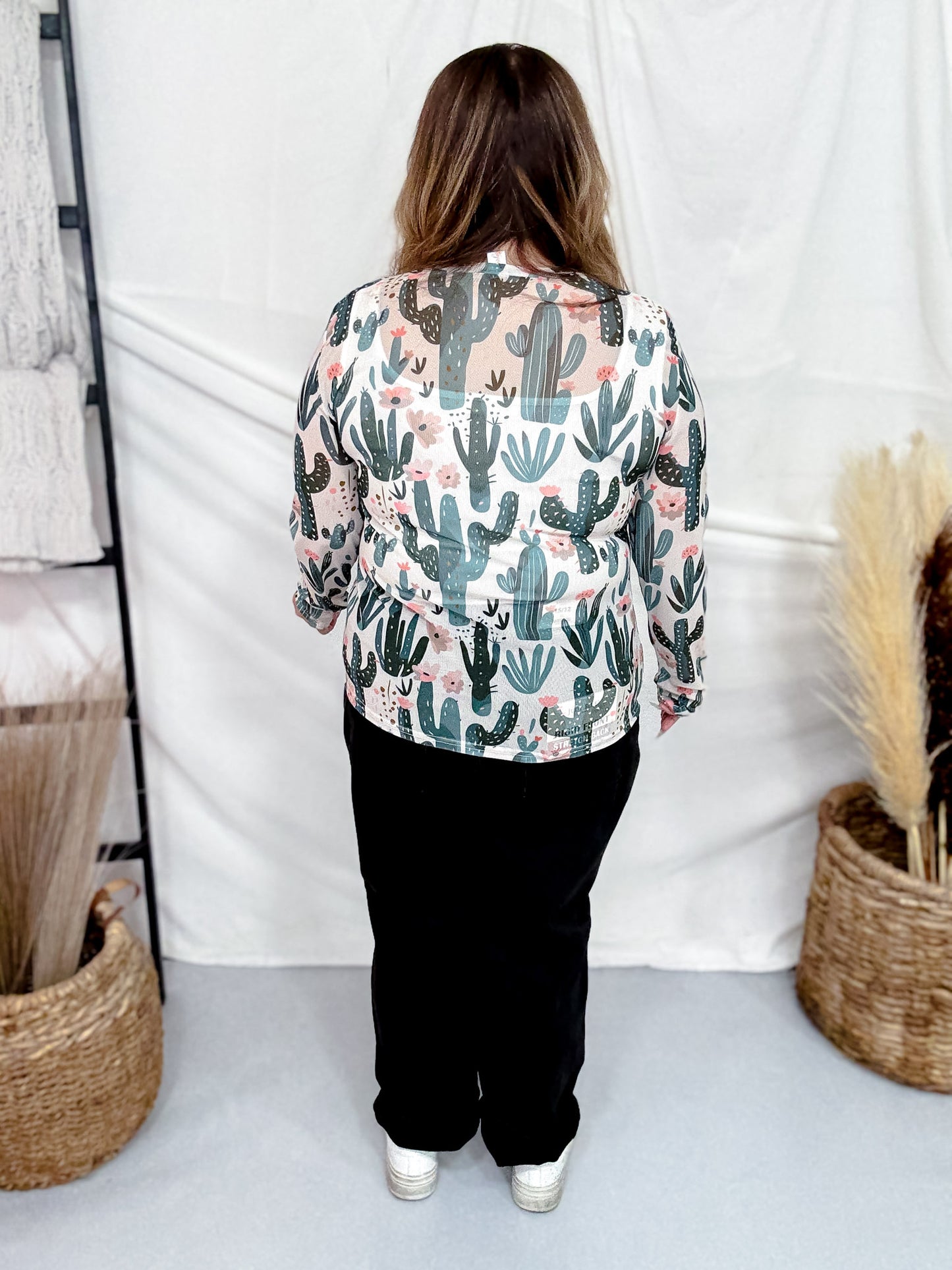 Floral Cactus Print Long Sleeve Mesh Top