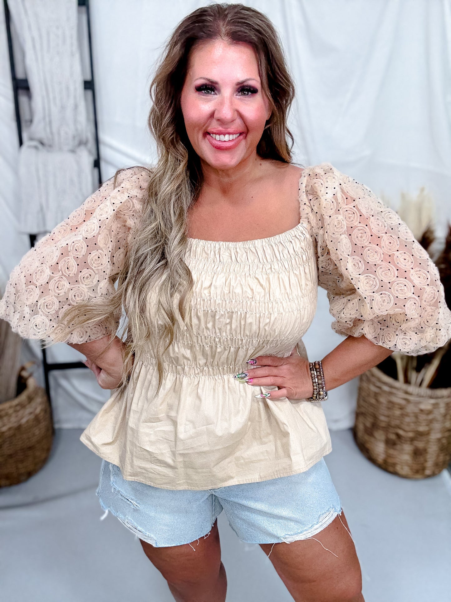 Sand Colored Polka Dot Poplin Smocked Blouse W/ Mesh Sleeves