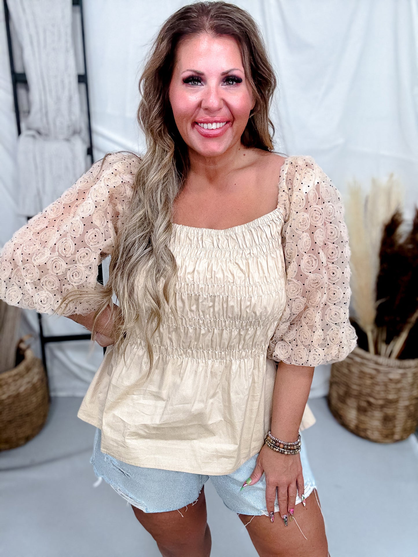 Sand Colored Polka Dot Poplin Smocked Blouse W/ Mesh Sleeves