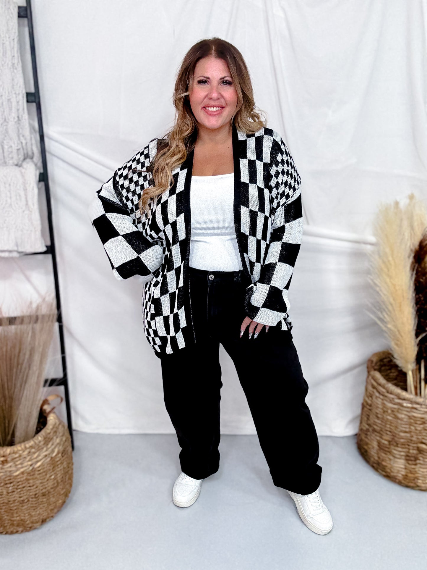 Black & White Checkerboard Open Front Cardigan