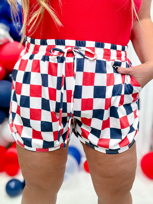 Navy & Red Drawstring Checkered Shorts