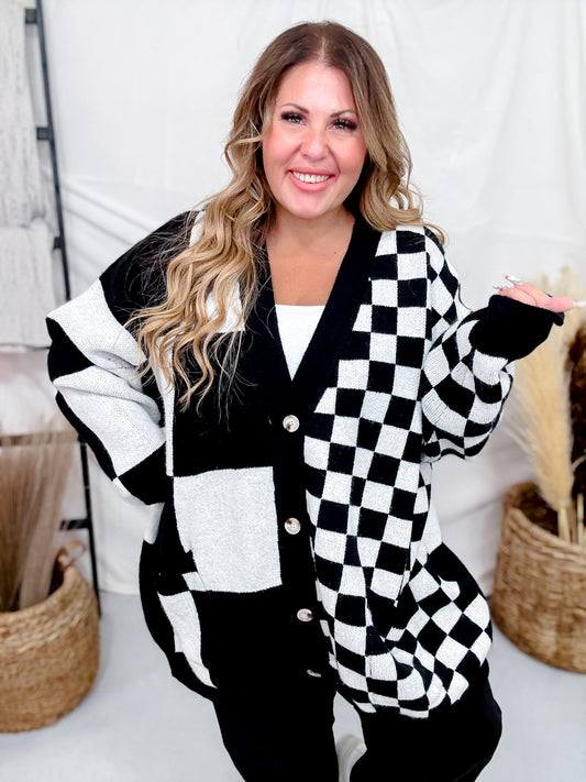 Black & White Mixed Checkerboard Print Cardigan