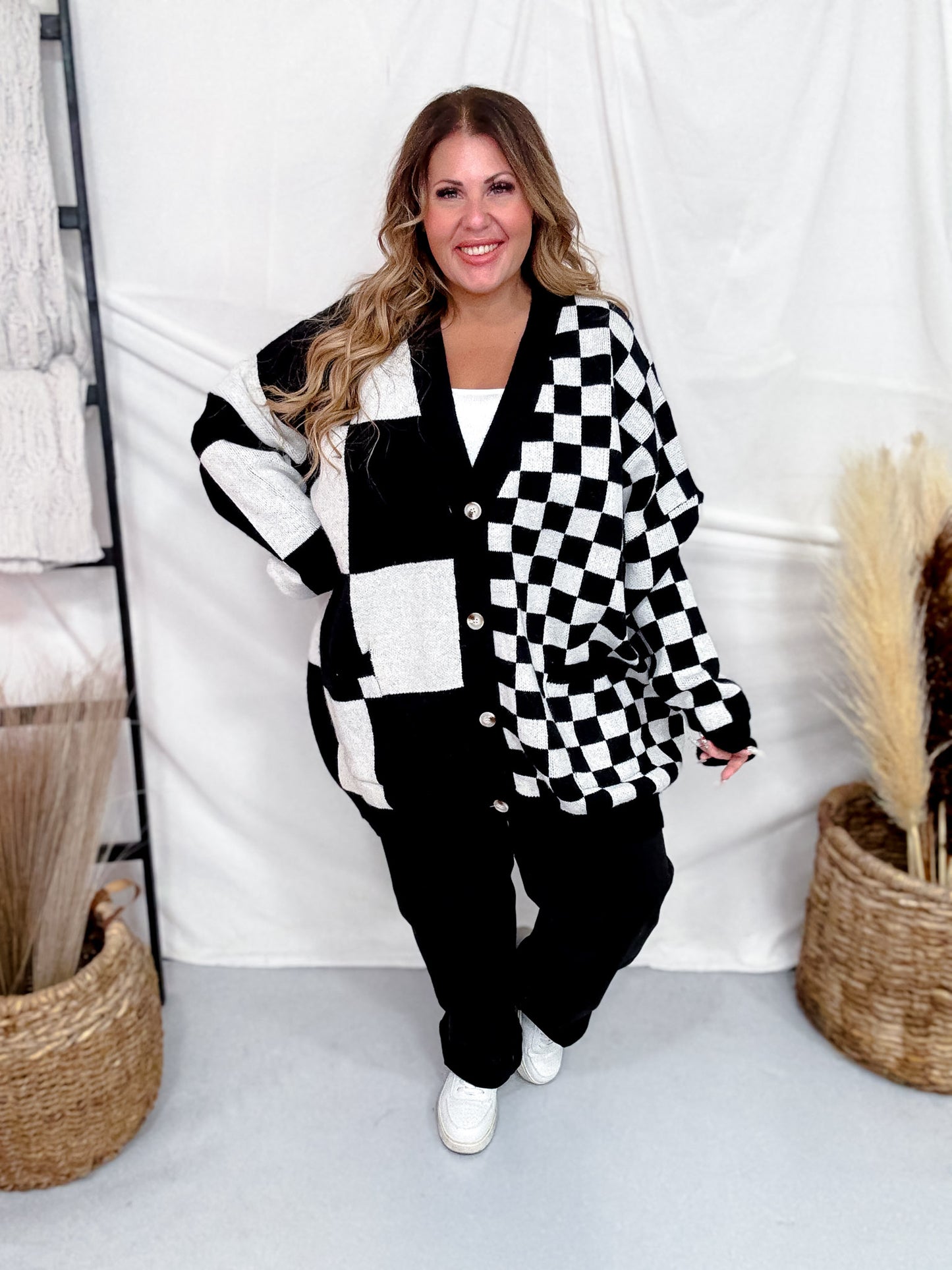 Black & White Mixed Checkerboard Print Cardigan