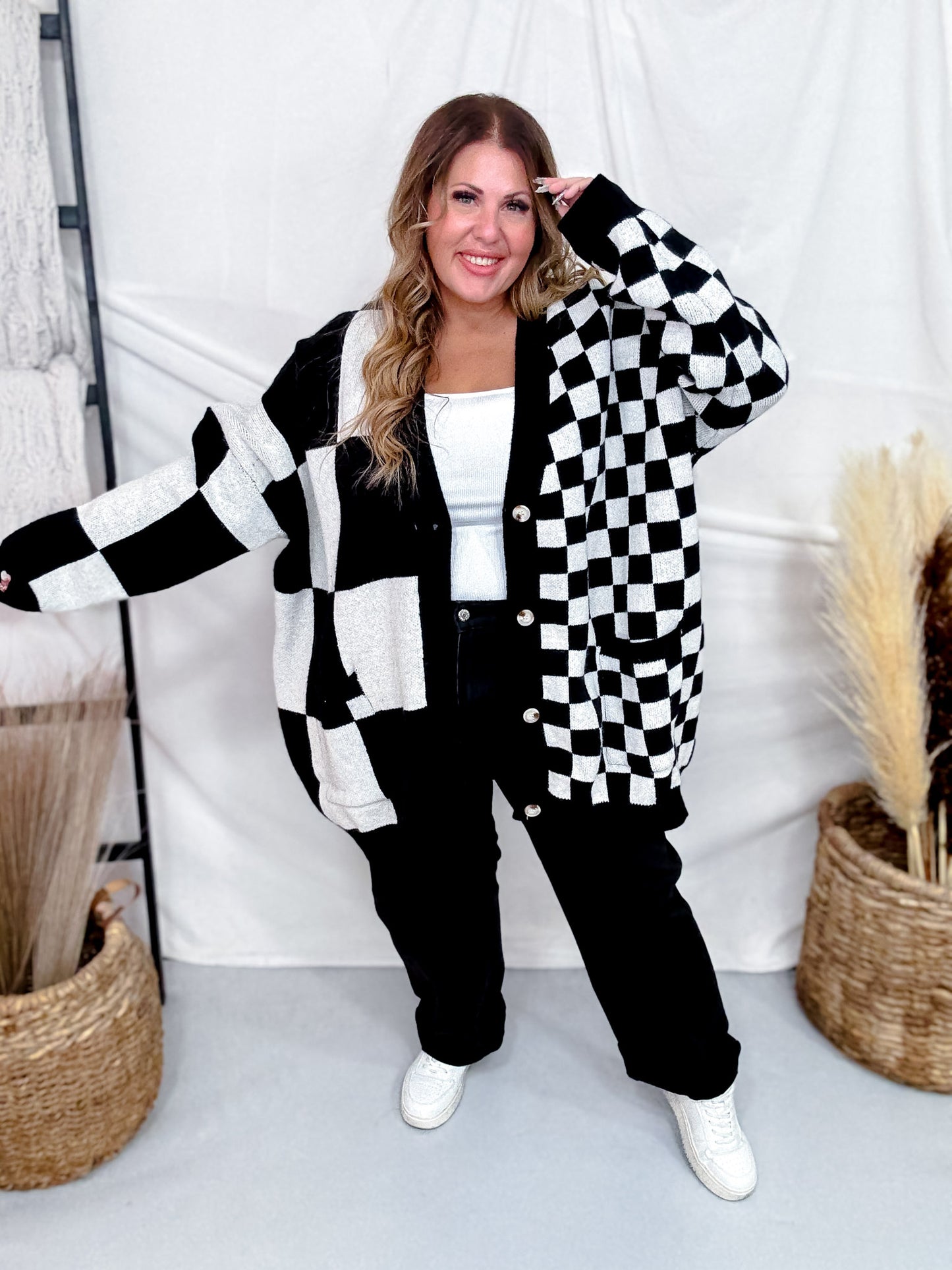 Black & White Mixed Checkerboard Print Cardigan