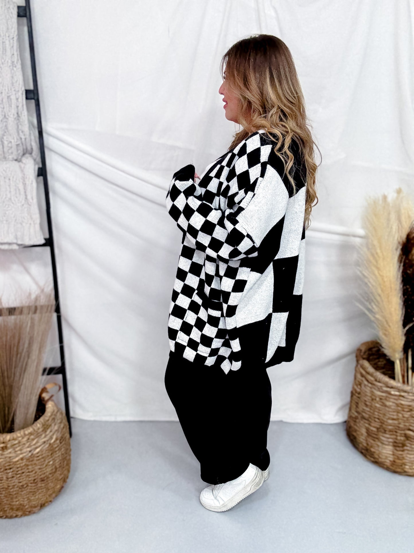 Black & White Mixed Checkerboard Print Cardigan