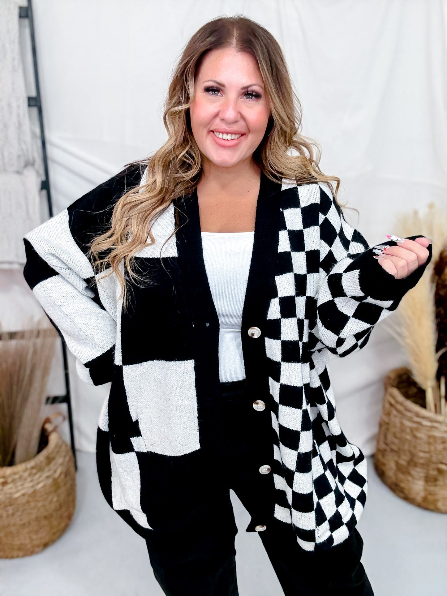 Black & White Mixed Checkerboard Print Cardigan