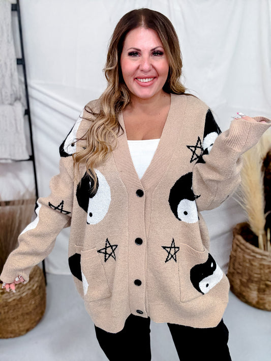 Yin Yang Star Print Cardigan In Oatmeal