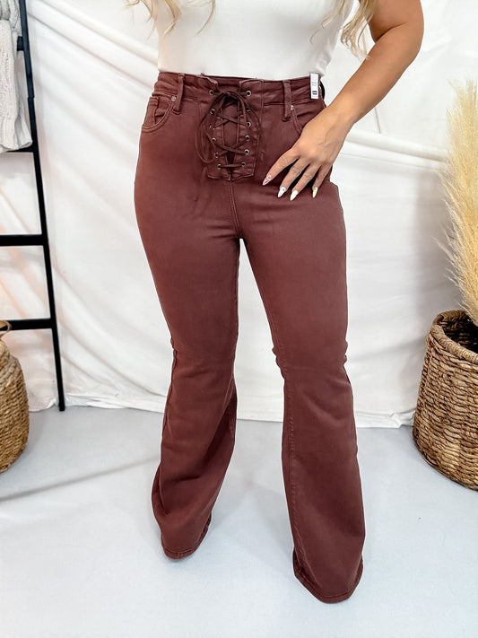 Judy Blue High Waist Cocoa Brown Flares With Lace Up Fly