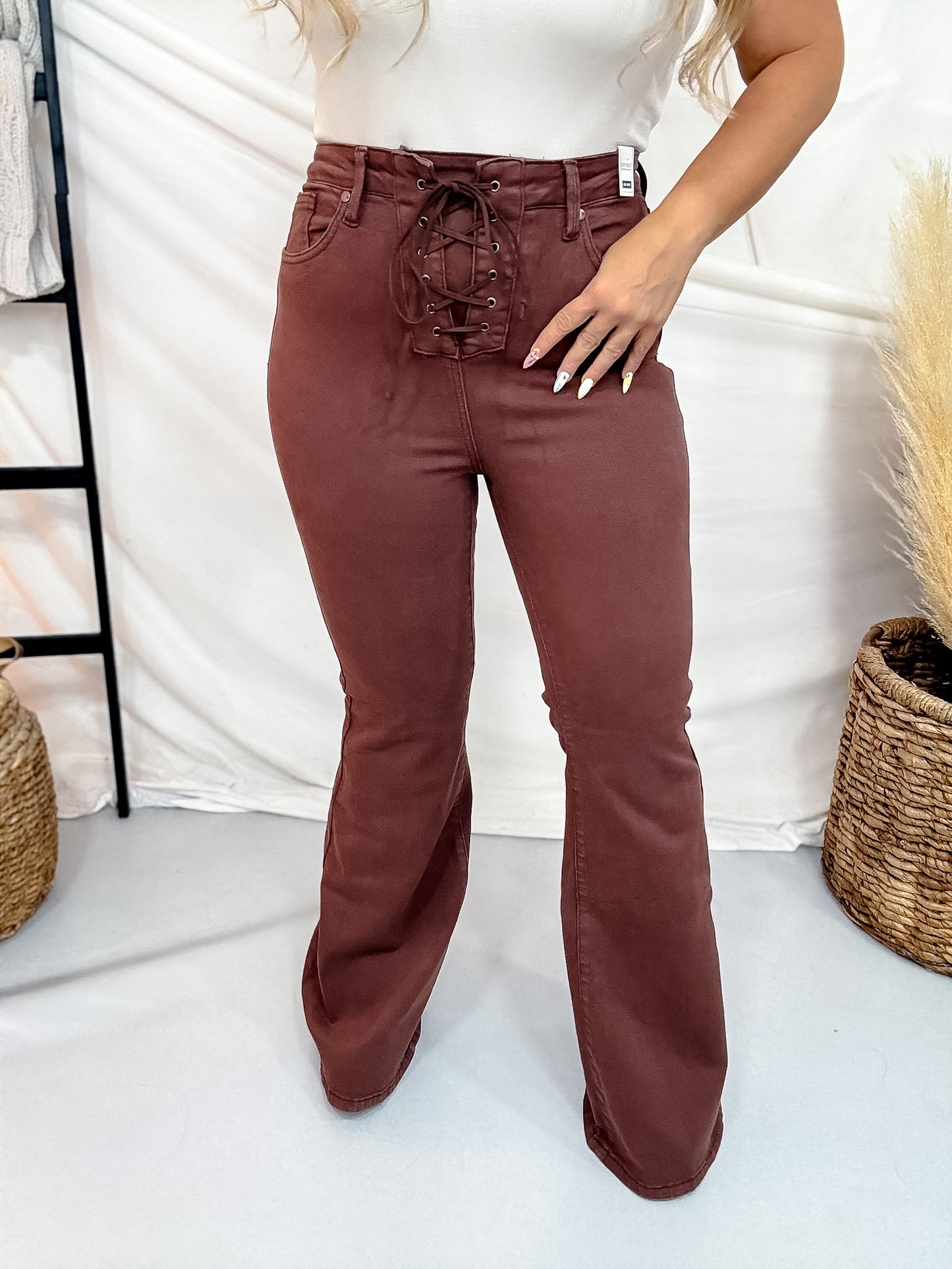 Judy Blue High Waist Cocoa Brown Flares With Lace Up Fly