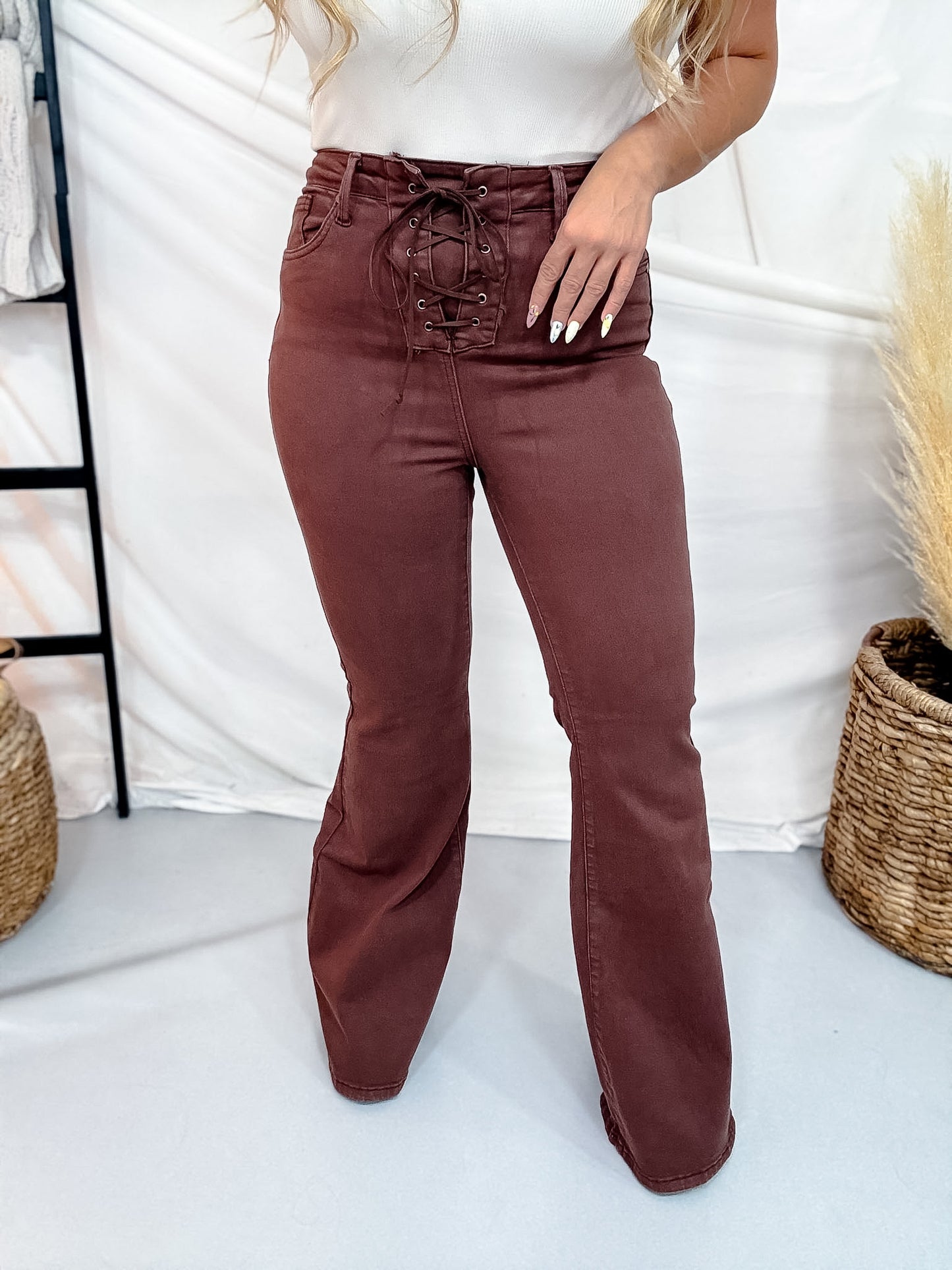 Judy Blue High Waist Cocoa Brown Flares With Lace Up Fly