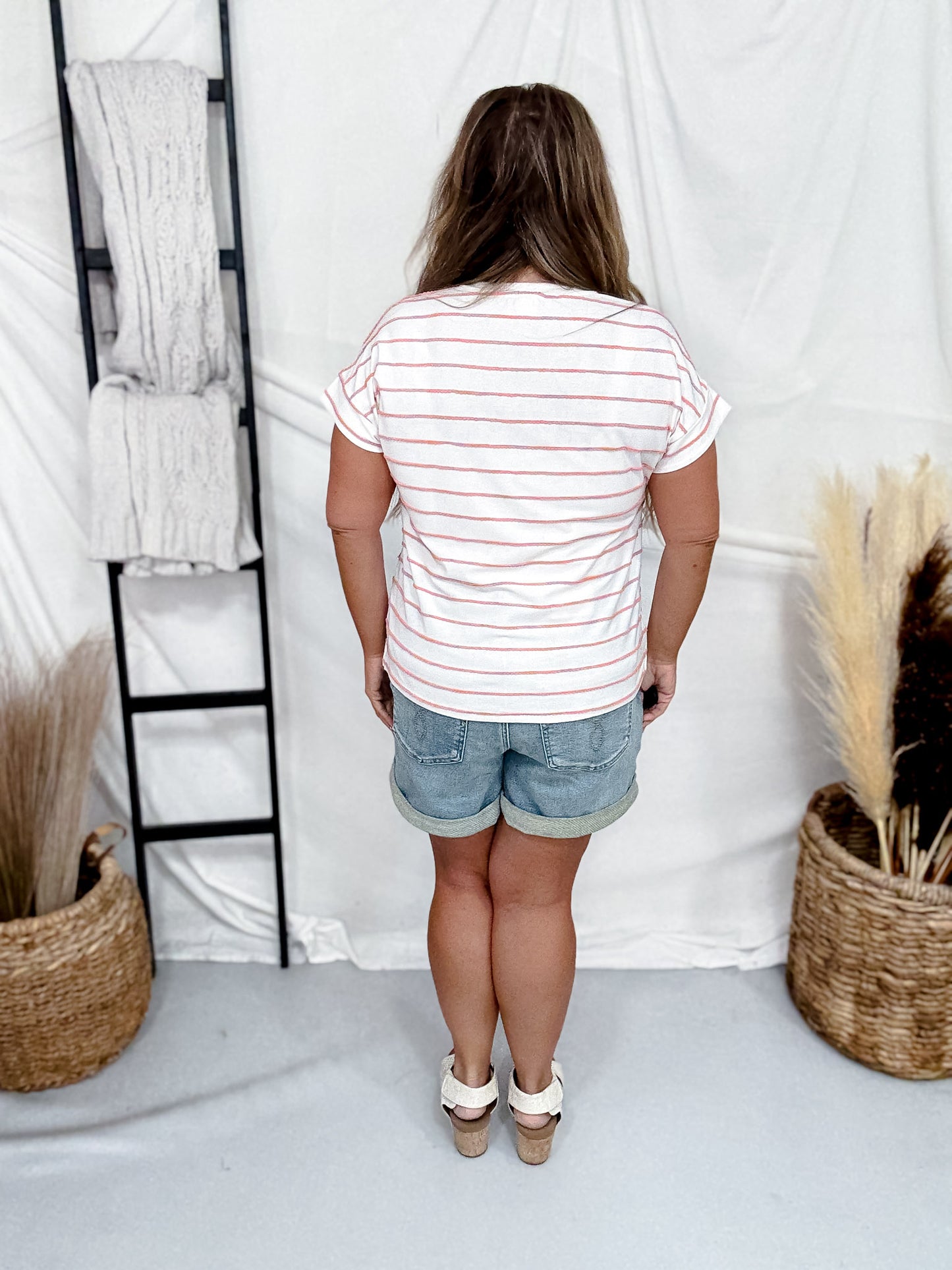 Ivory & Peach Striped Short Sleeve Top
