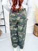 Camo Print Wide Leg Drawstring Waist Jeans With Lace Up Side Seams