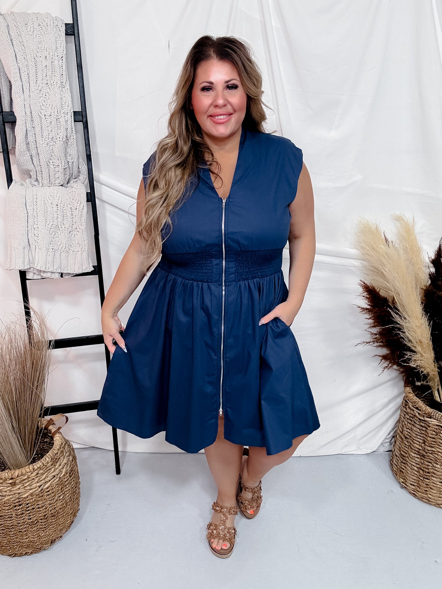 Navy Smoked Waist Front Zip Mini Dress W/ Pockets