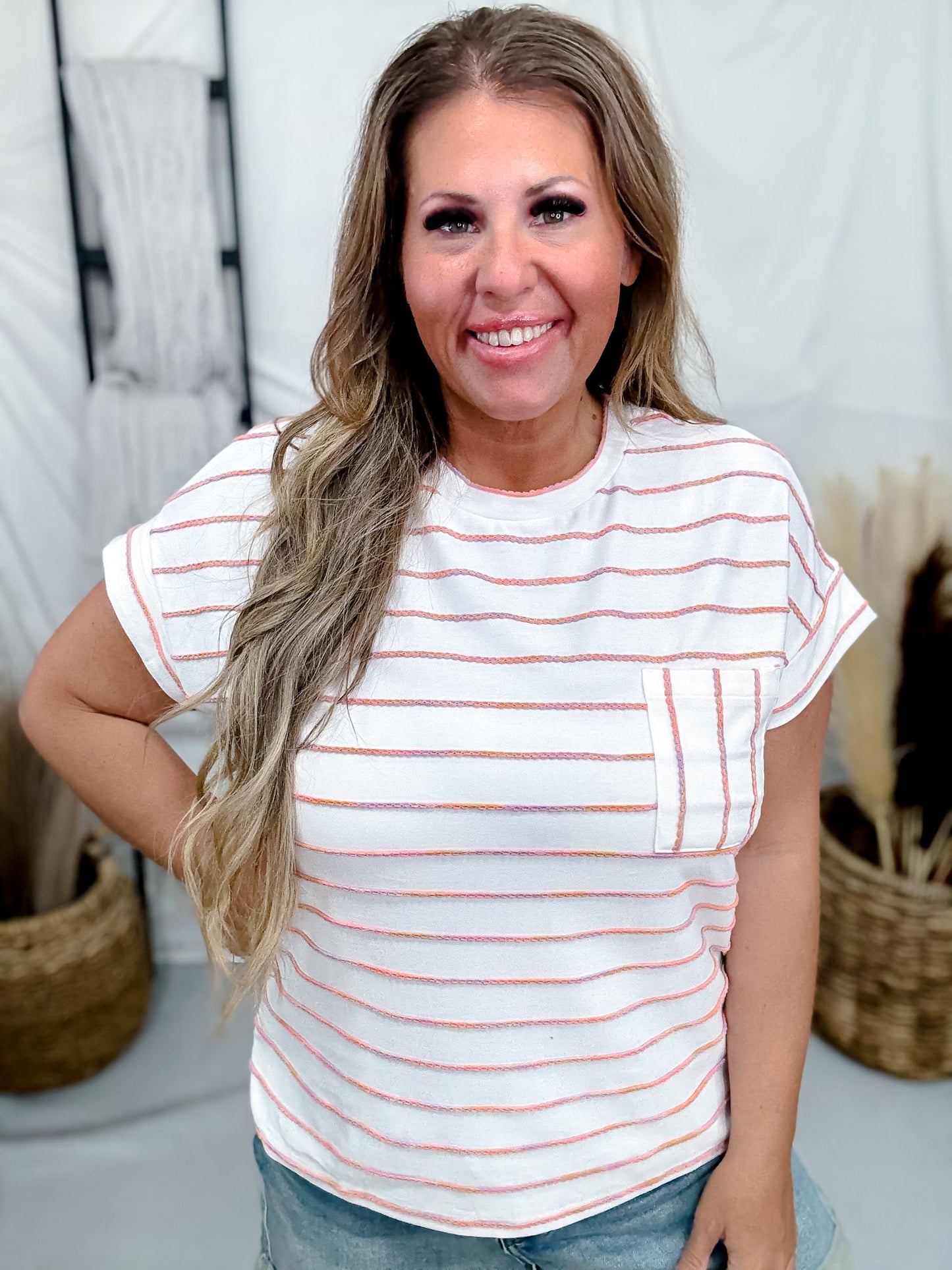 Ivory & Peach Striped Short Sleeve Top