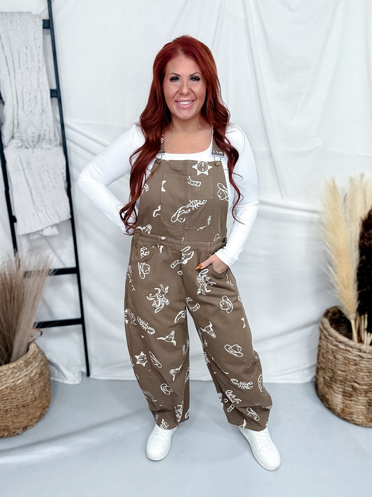 Brown Cowboy Motif Barrel Leg Overalls