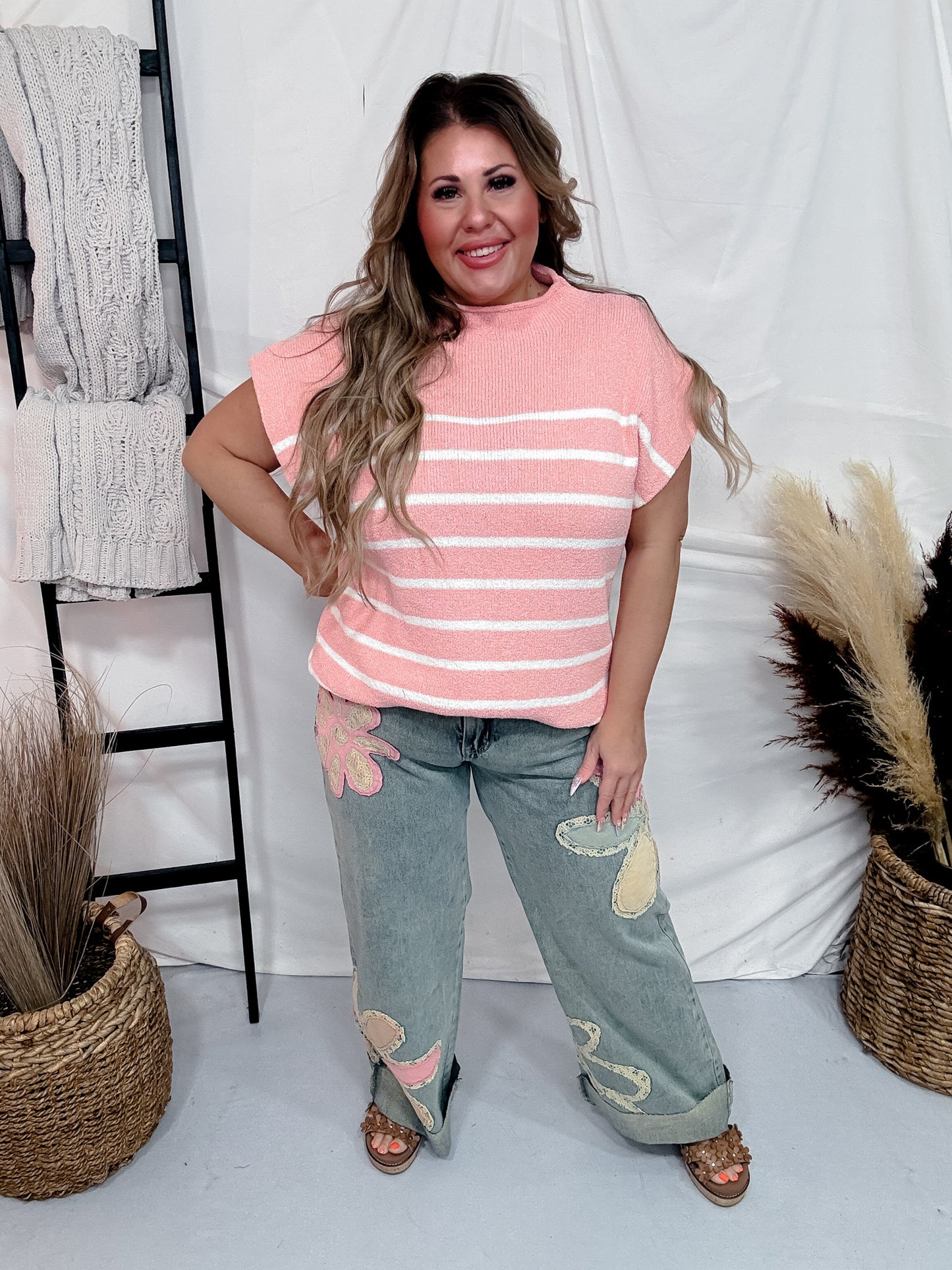 Mineral Washed Straight Denim Jeans with Flower Patches