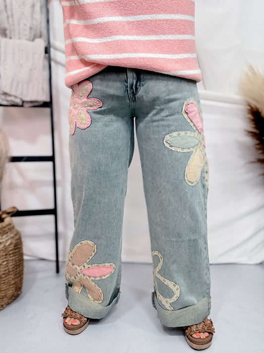 Mineral Washed Straight Denim Jeans with Flower Patches