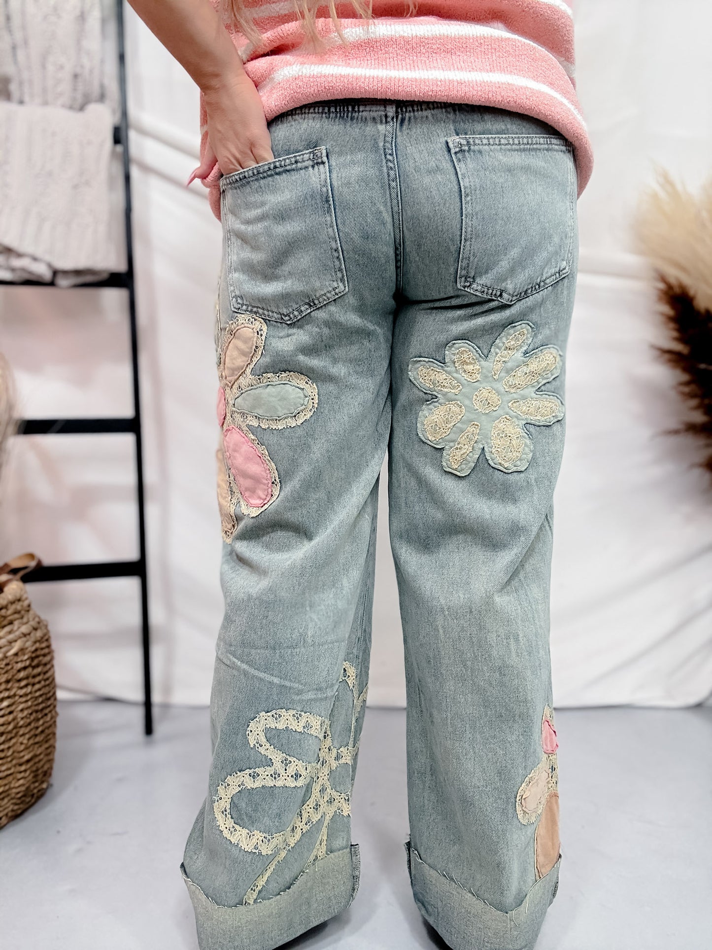 Mineral Washed Straight Denim Jeans with Flower Patches
