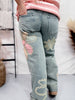 Mineral Washed Straight Denim Jeans with Flower Patches