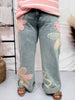 Mineral Washed Straight Denim Jeans with Flower Patches