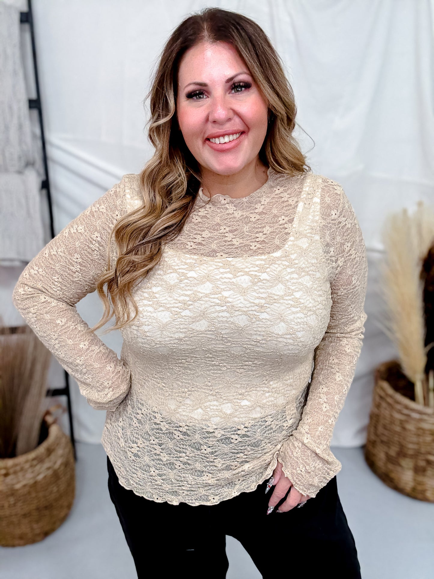 Floral Textured Mocha Mesh Long Sleeve Top