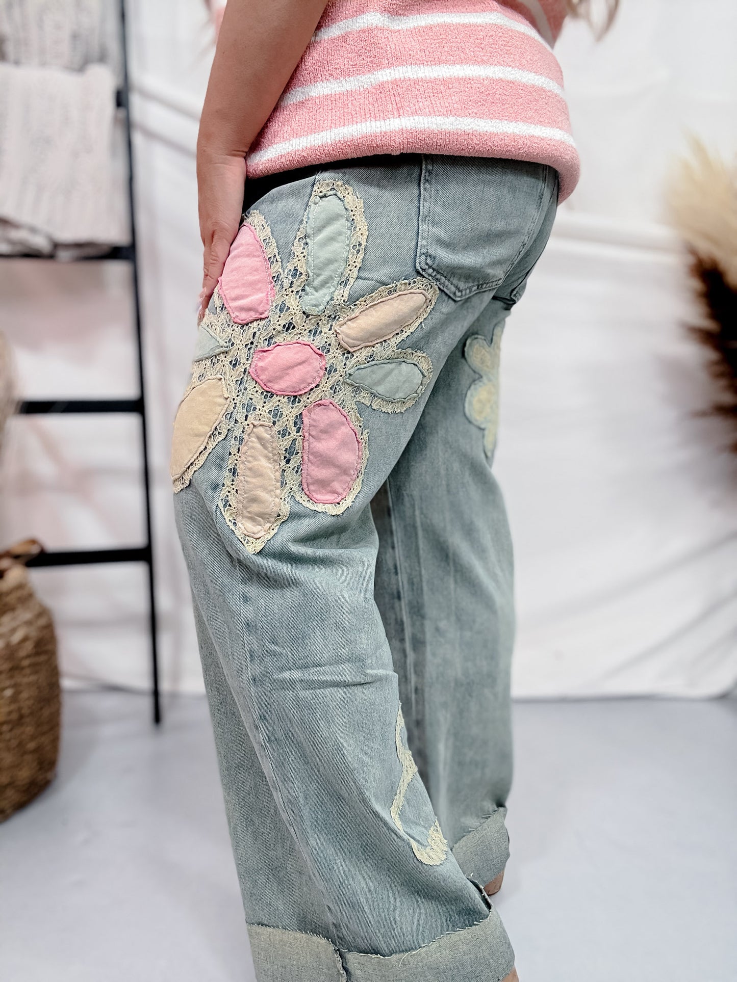 Mineral Washed Straight Denim Jeans with Flower Patches