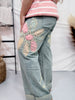 Mineral Washed Straight Denim Jeans with Flower Patches