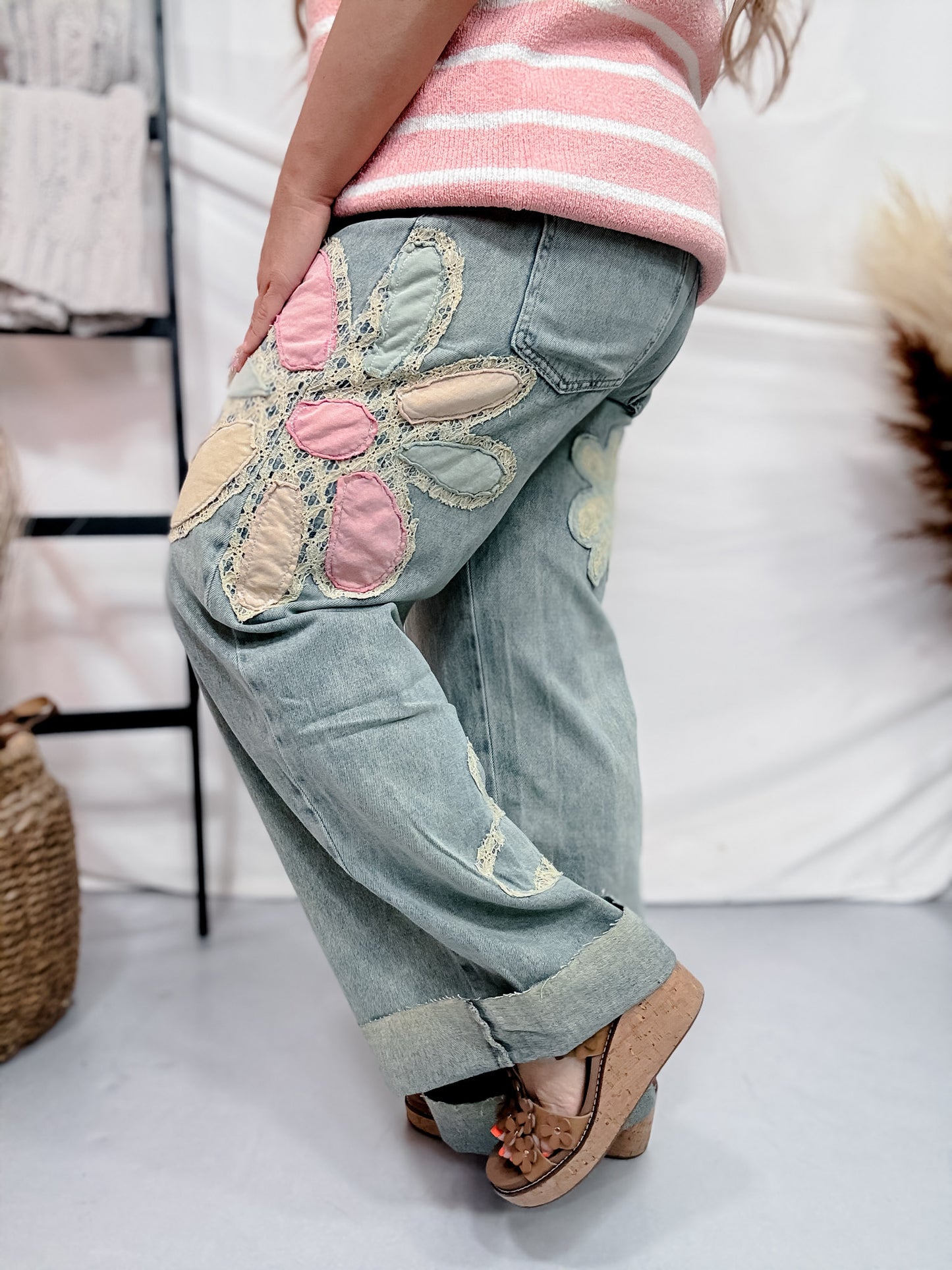 Mineral Washed Straight Denim Jeans with Flower Patches