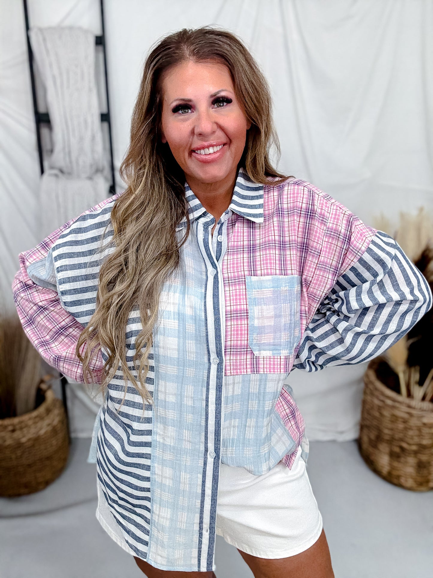 Blue & Pink Patchwork Patterned Button Down Shirt FINAL SALE