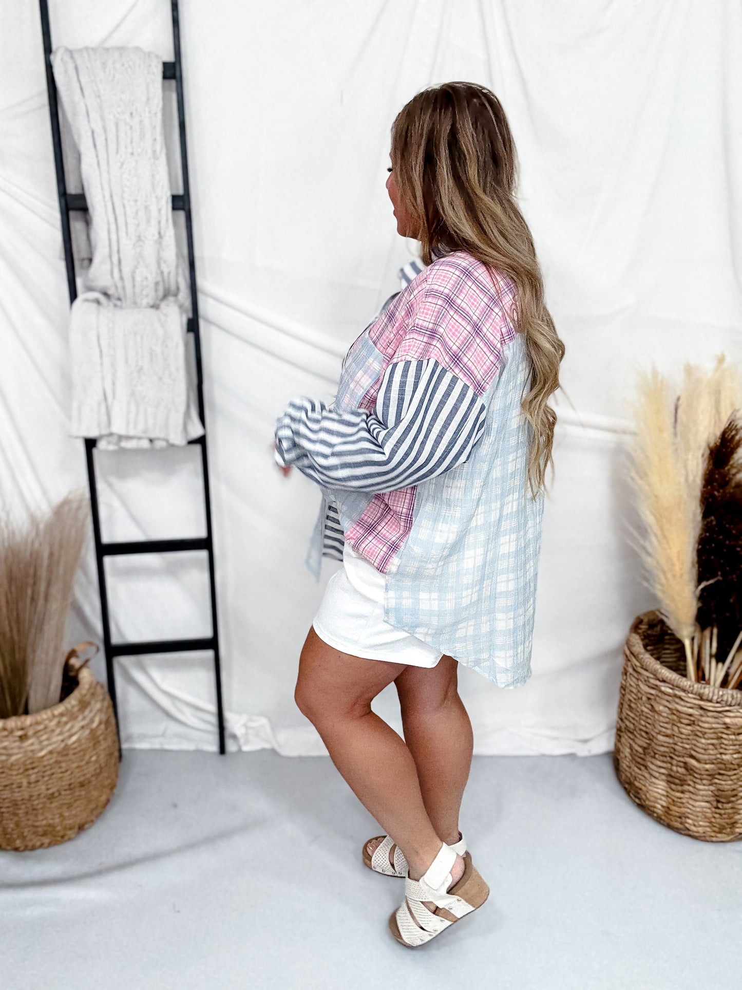 Blue & Pink Patchwork Patterned Button Down Shirt FINAL SALE