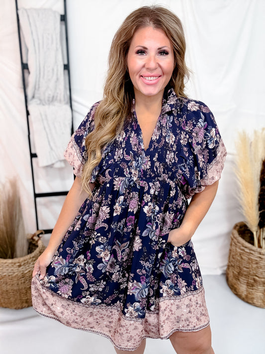 Navy Floral Paisley Dress With Puff Sleeves