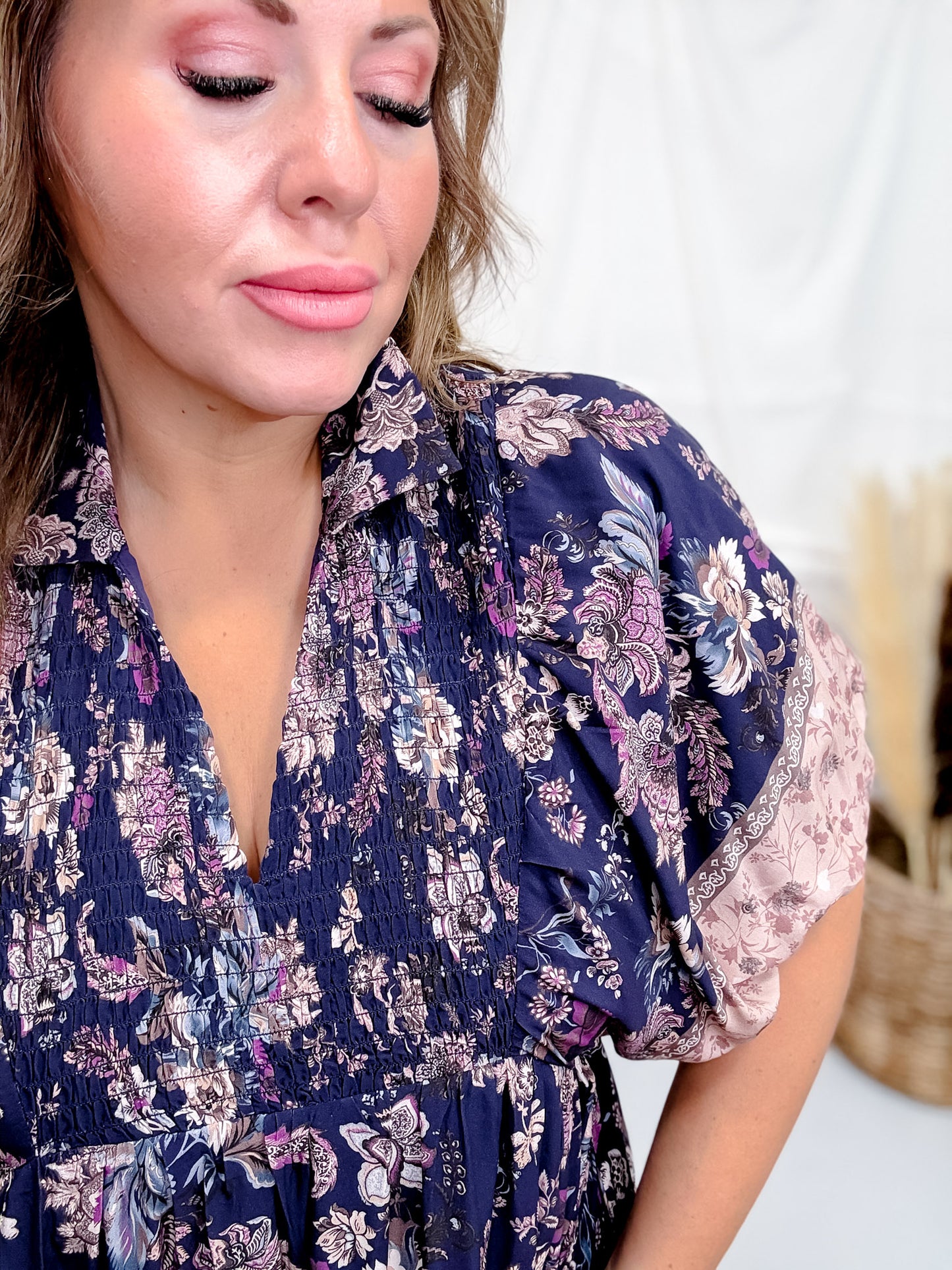 Navy Floral Paisley Dress With Puff Sleeves